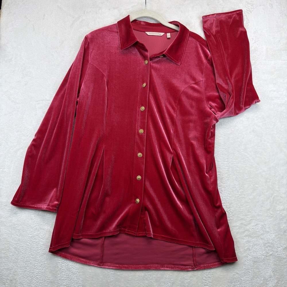 Soft Surroundings Velour Blouse Women's Large Red Button Front Shirt